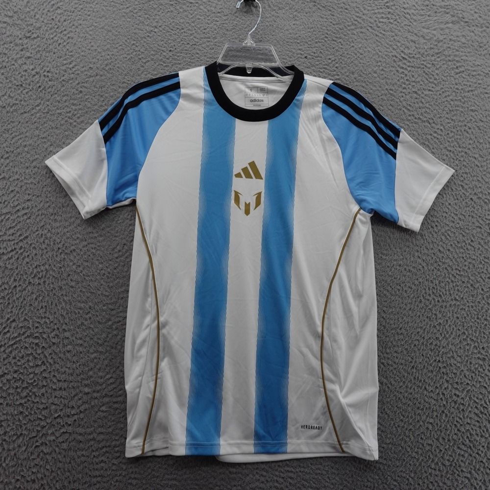 adidas White & Light Blue Striped Men's Soccer Jersey with Gold Logo